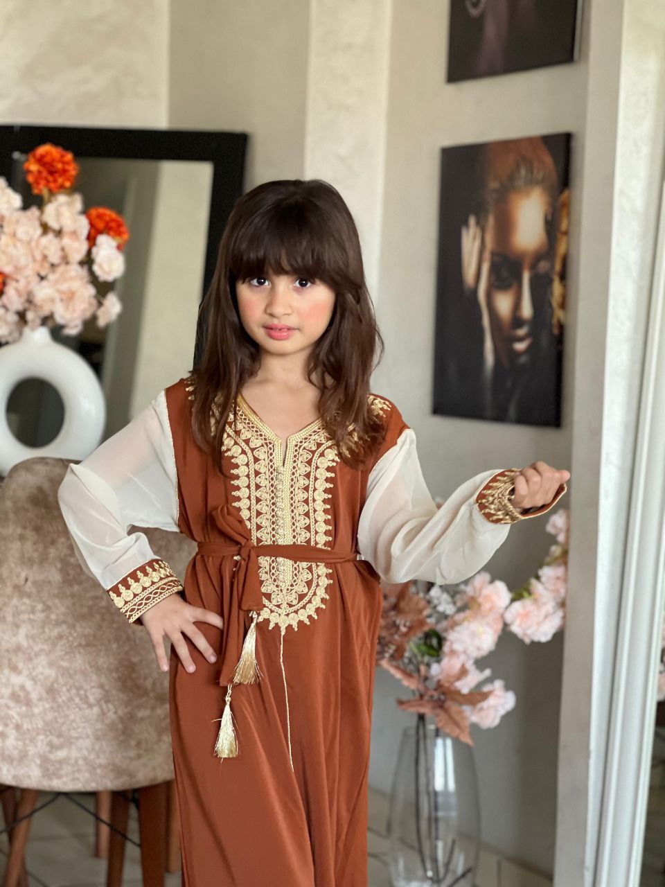 Caftan traditionnel pour filles de 4 à 16 ans brodé