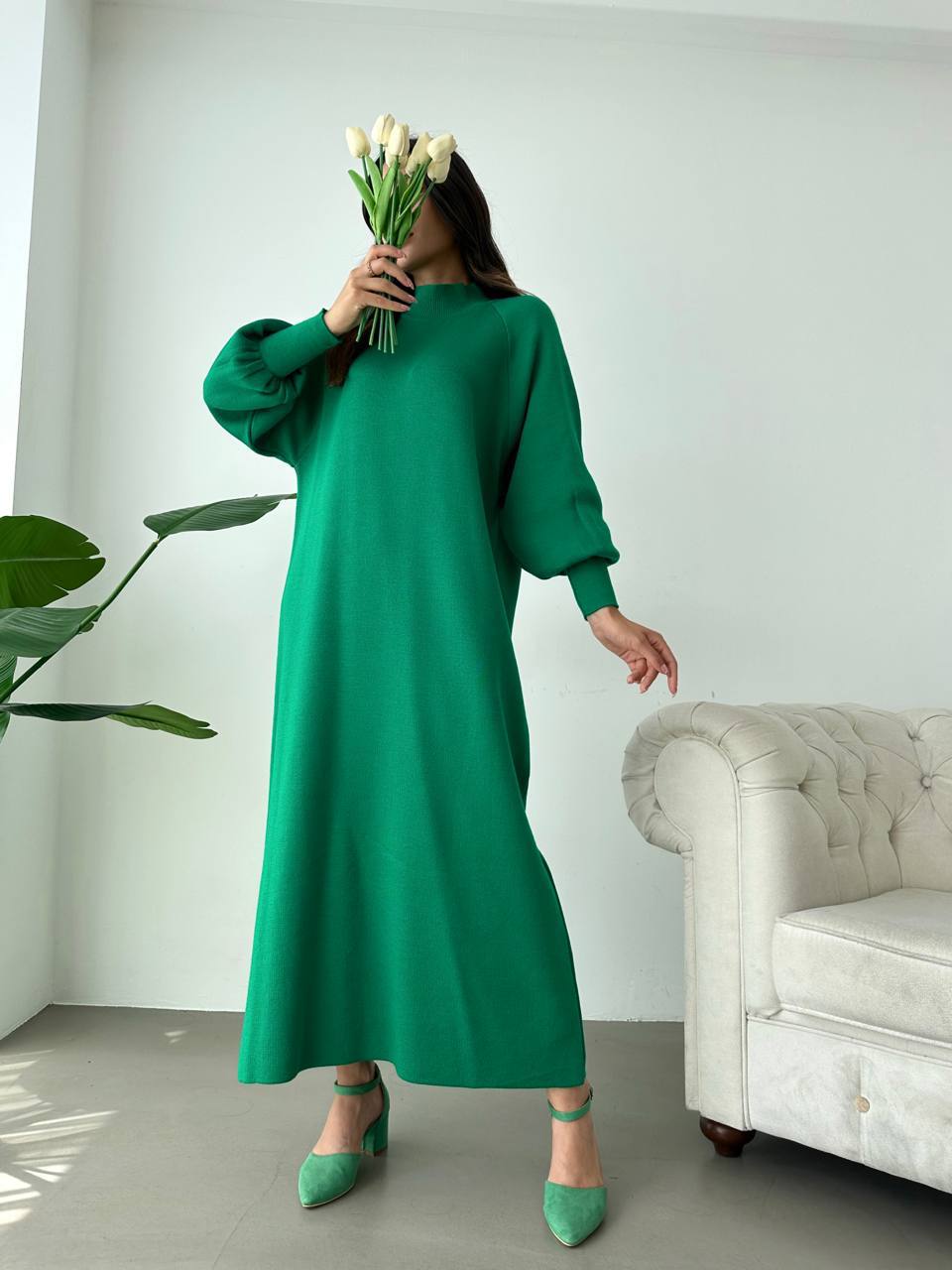 فستان من الصوف بلون واحد