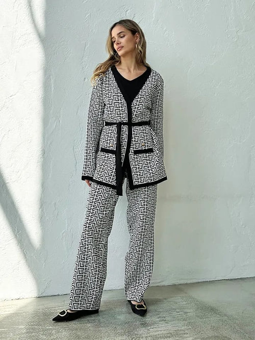 Ensemble 3 pièces chic en laine à motif labyrinthe