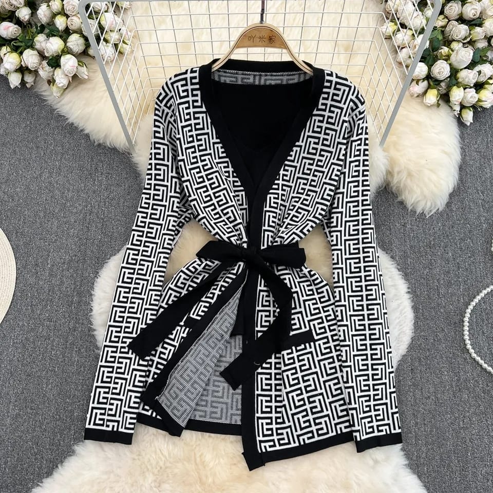 Ensemble 3 pièces chic en laine à motif labyrinthe