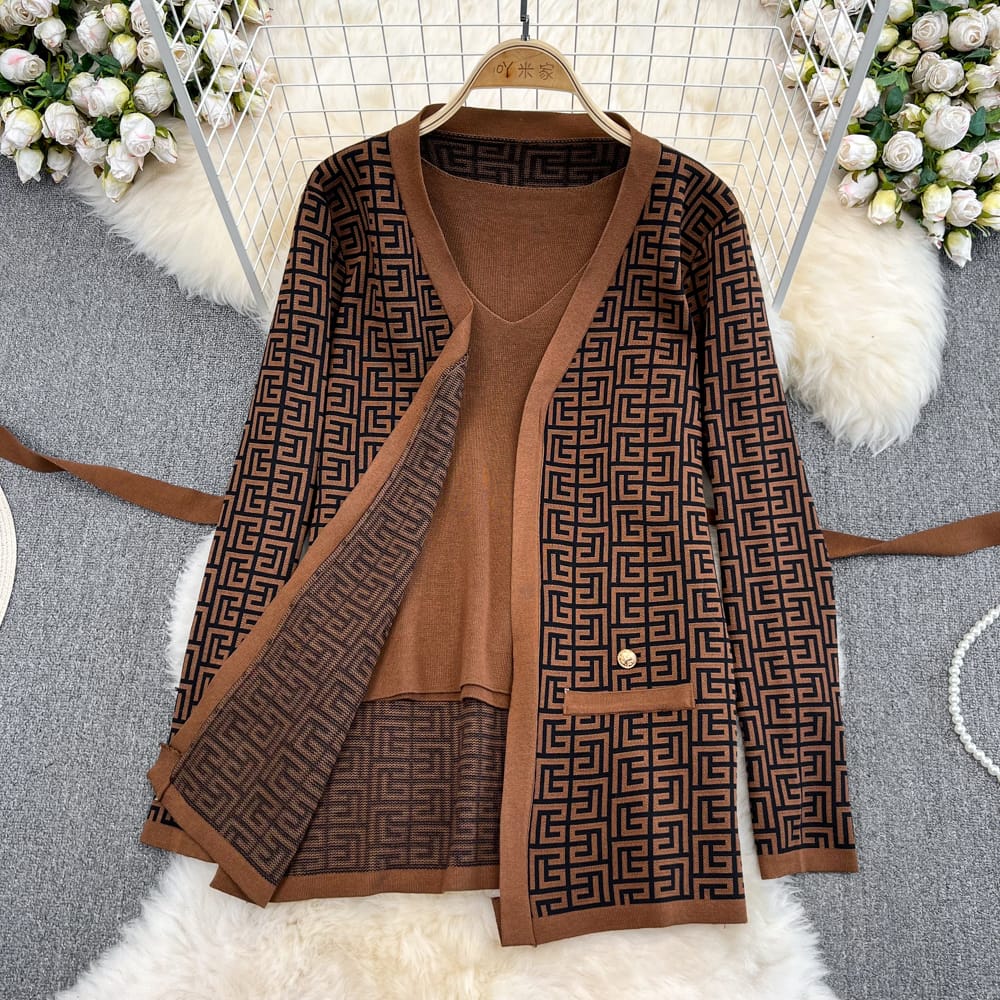 Ensemble 3 pièces chic en laine à motif labyrinthe