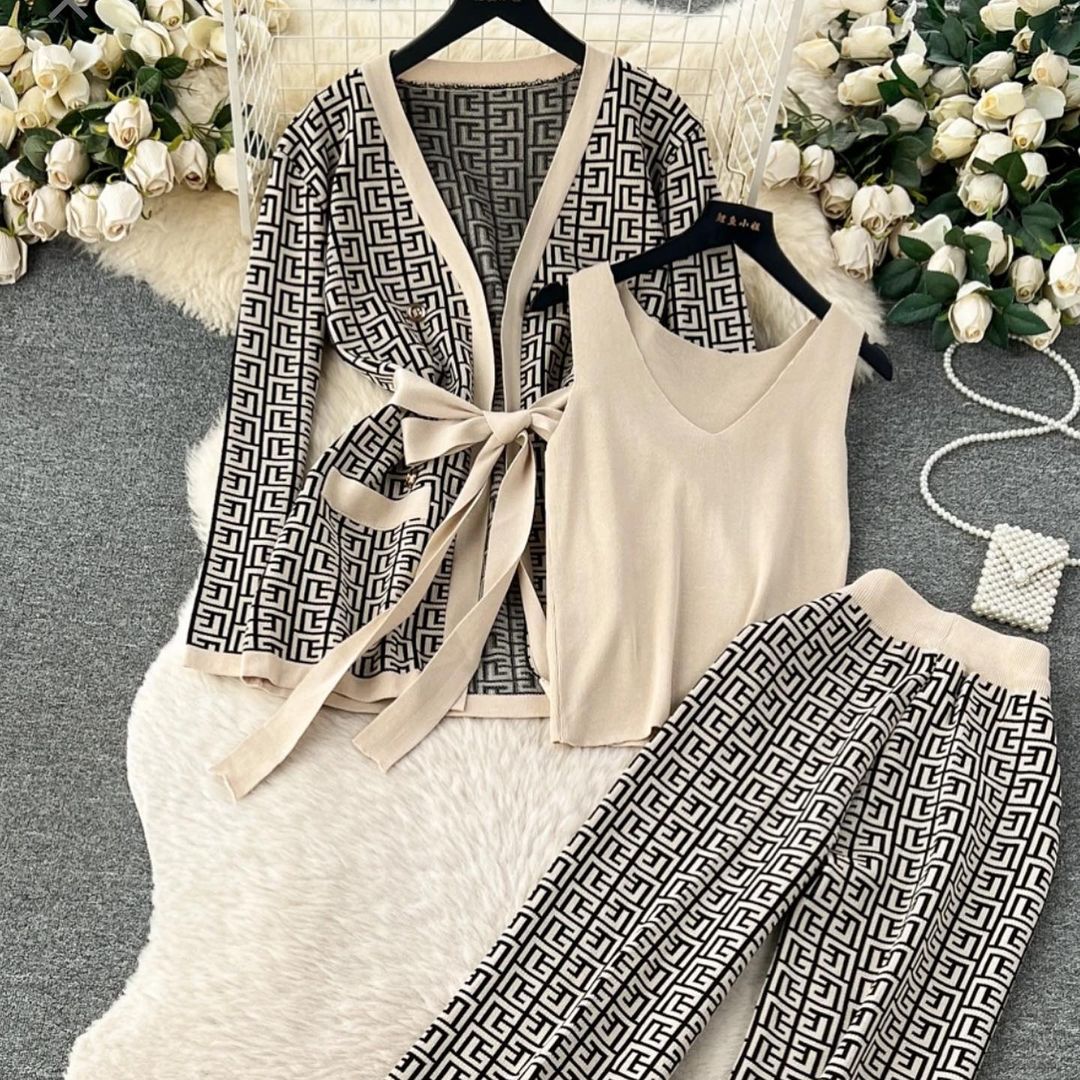 Ensemble 3 pièces chic en laine à motif labyrinthe