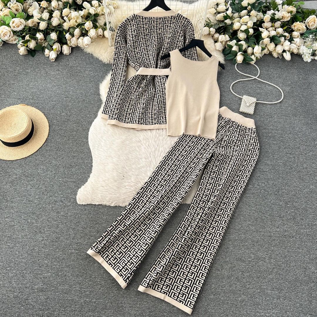 Ensemble 3 pièces chic en laine à motif labyrinthe