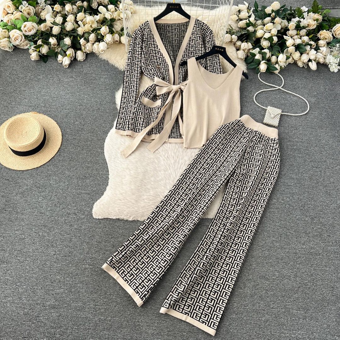 Ensemble 3 pièces chic en laine à motif labyrinthe