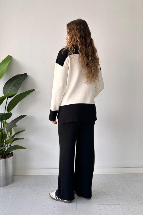 Ensemble pantalon et pull en laine rayé