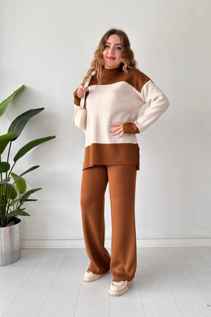 Ensemble pantalon et pull en laine rayé