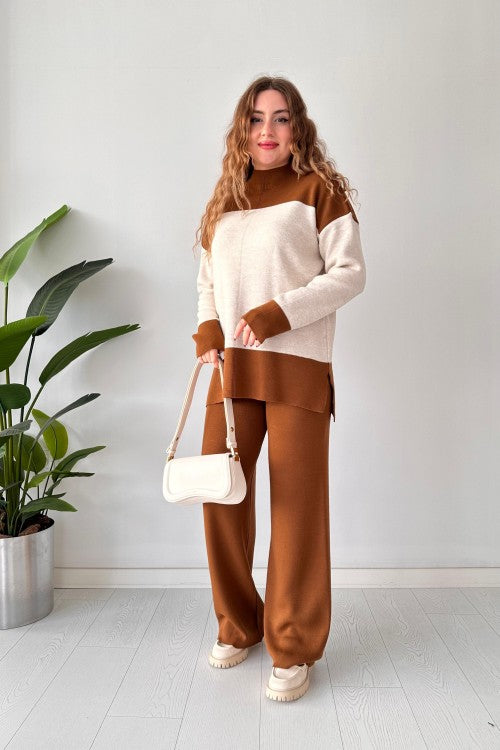 Ensemble pantalon et pull en laine rayé