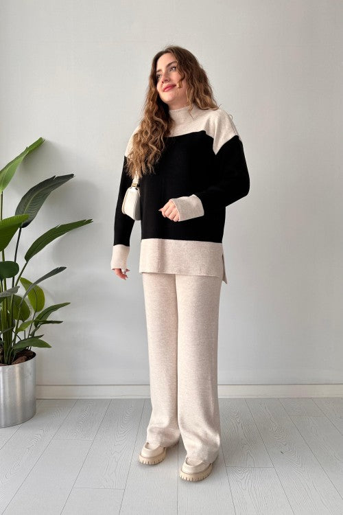 Ensemble pantalon et pull en laine rayé