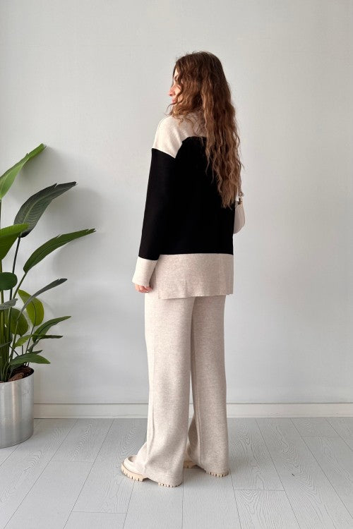 Ensemble pantalon et pull en laine rayé