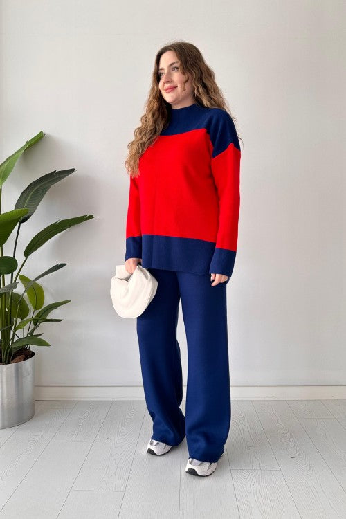 Ensemble pantalon et pull en laine rayé