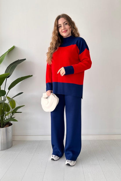 Ensemble pantalon et pull en laine rayé