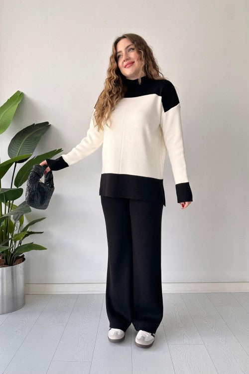 Ensemble pantalon et pull en laine rayé