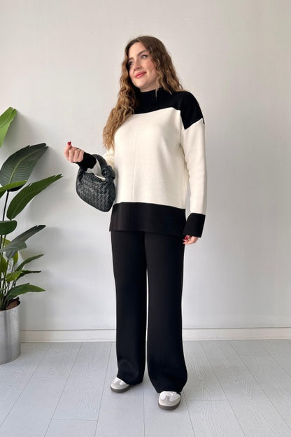 Ensemble pantalon et pull en laine rayé