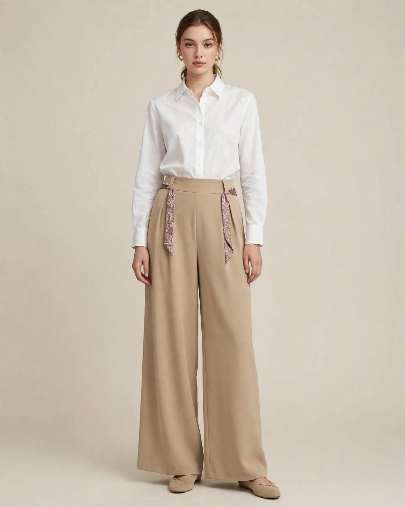 Pantalon en tissu crêpe oversize droit avec ceinture cravate