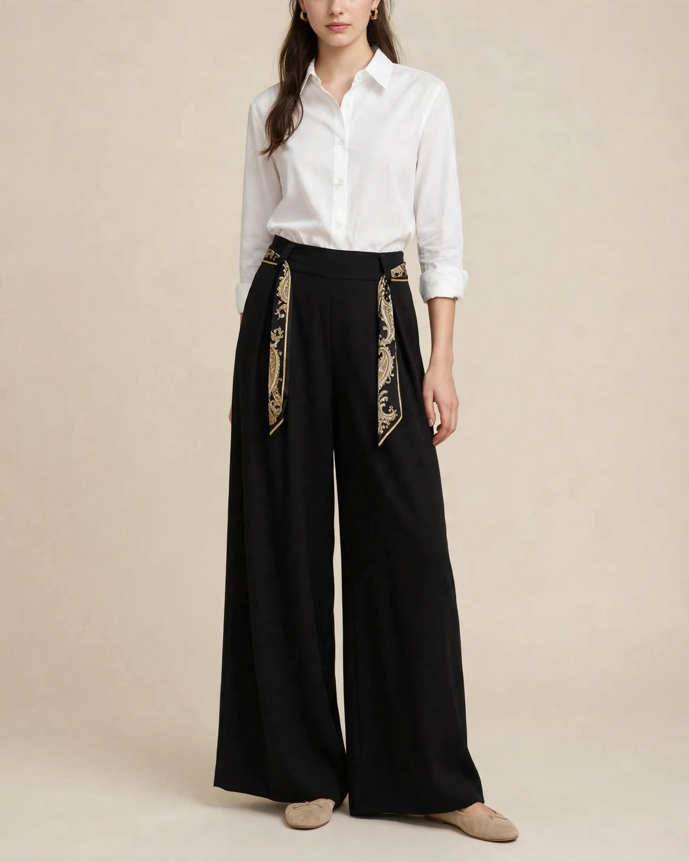 Pantalon en tissu crêpe oversize droit avec ceinture cravate