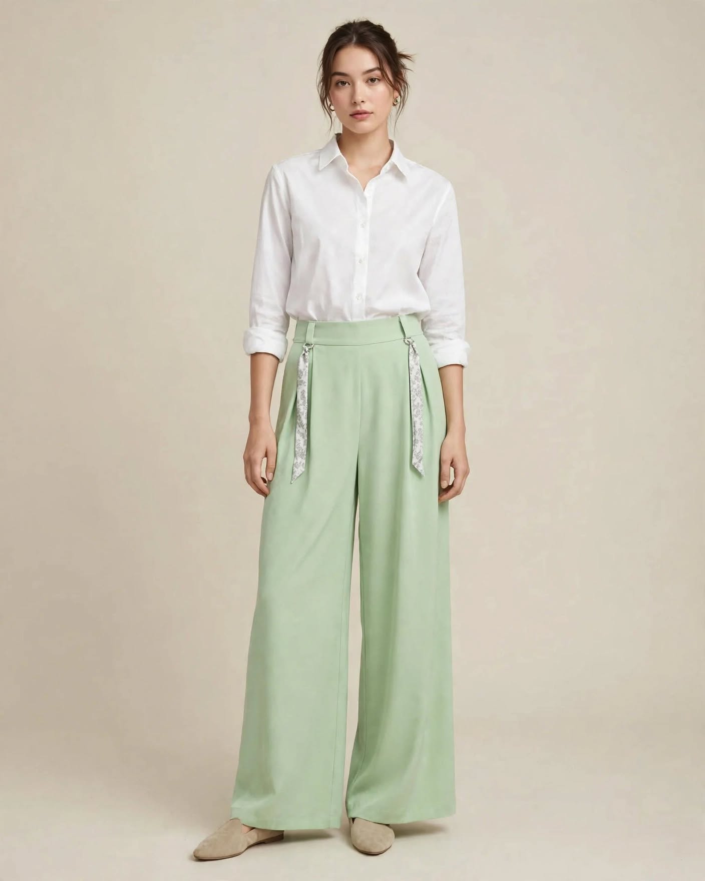 Pantalon en tissu crêpe oversize droit avec ceinture cravate