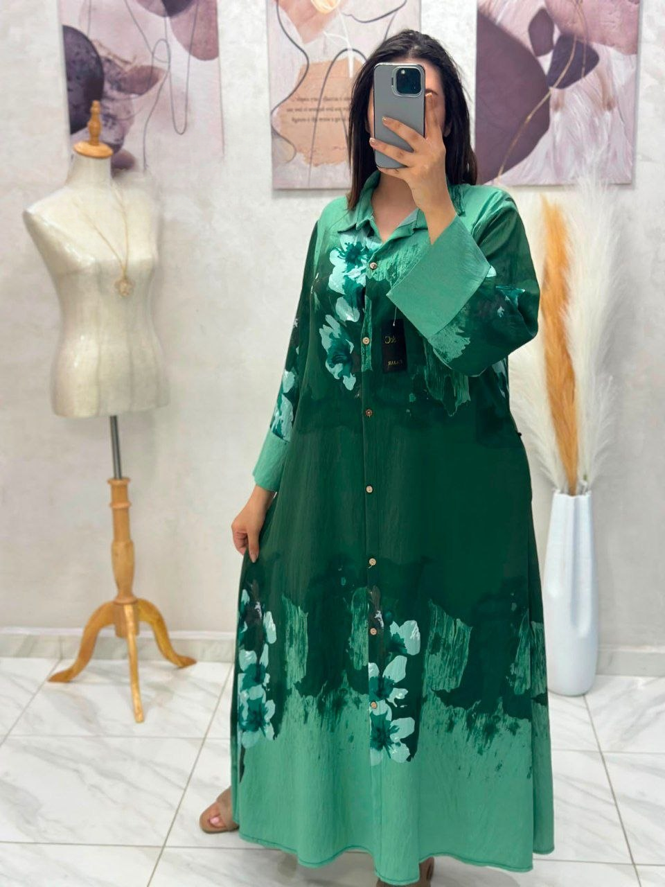 Robe chemise en fil de lin plissé imprimé
