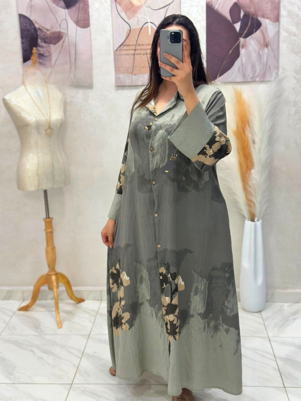 Robe chemise en fil de lin plissé imprimé