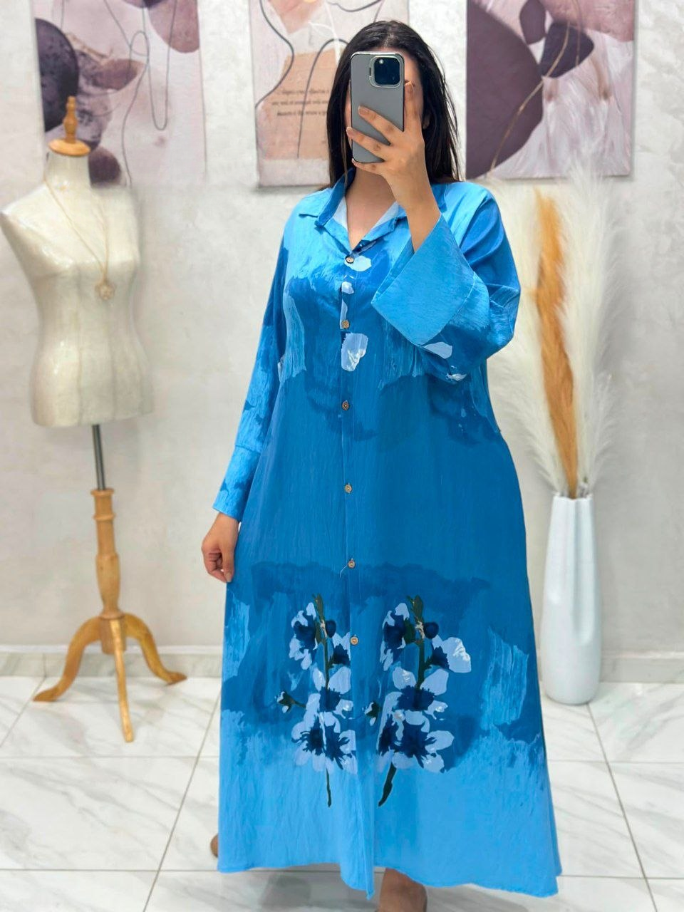 Robe chemise en fil de lin plissé imprimé