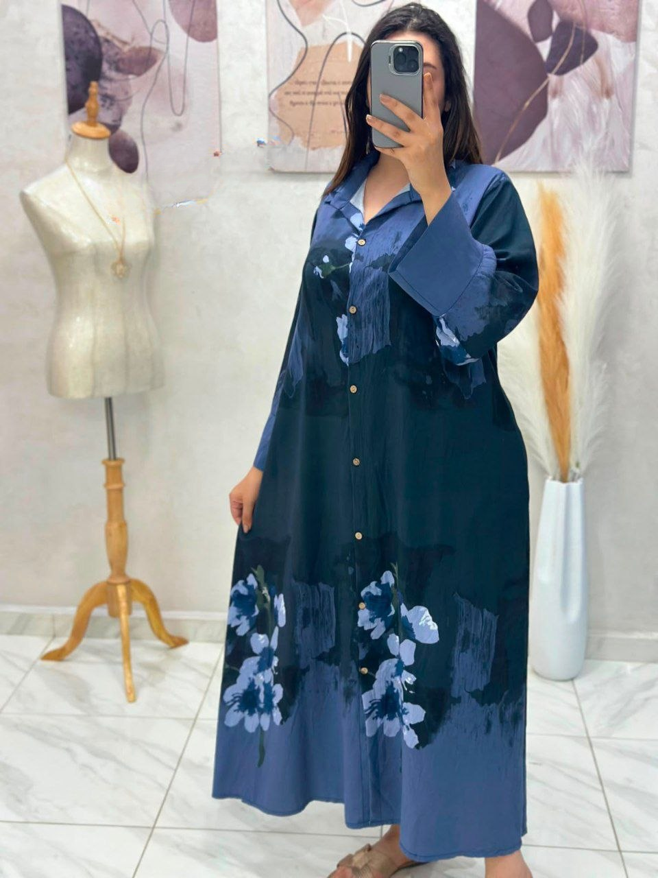 Robe chemise en fil de lin plissé imprimé