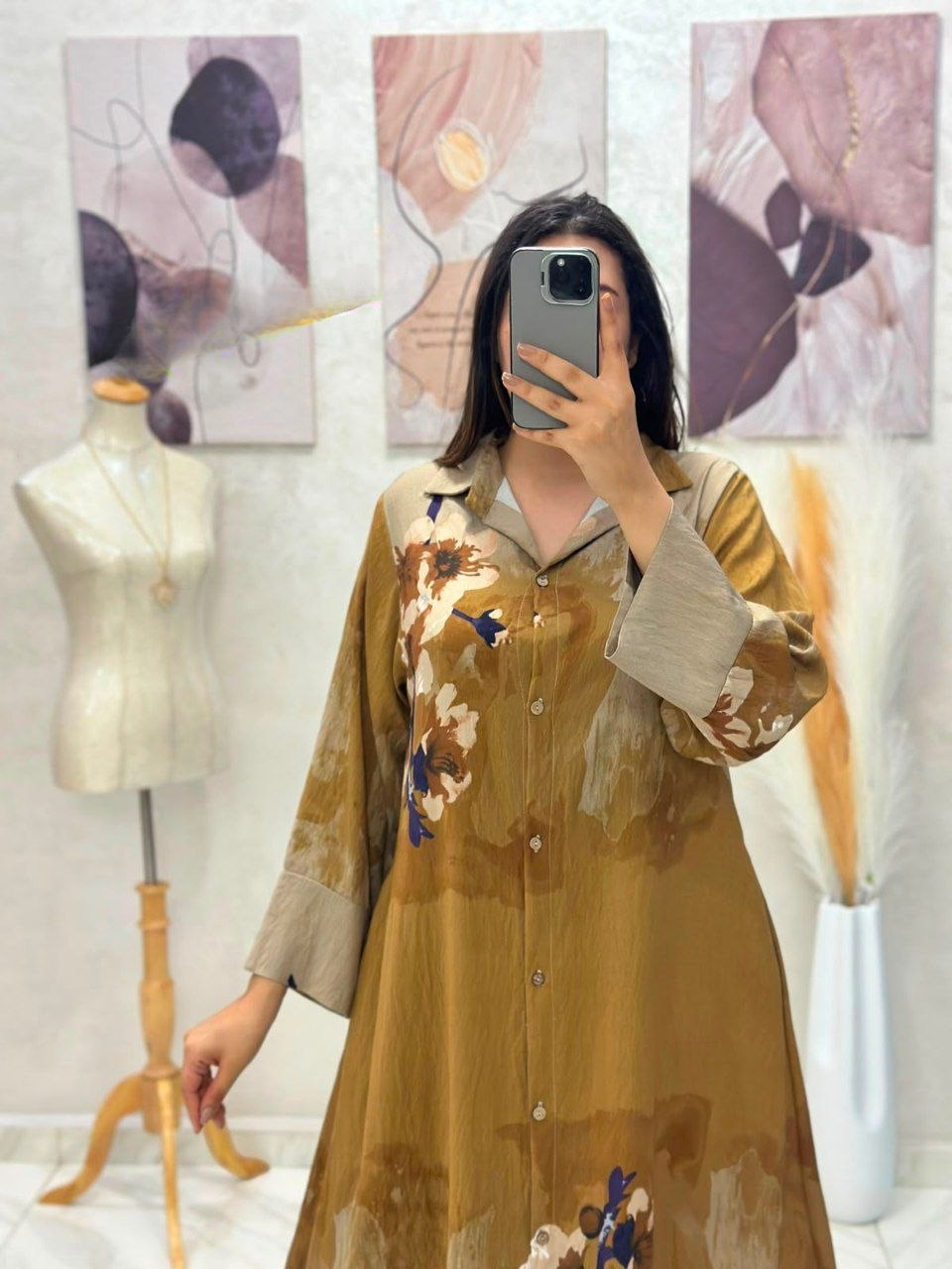 Robe chemise en fil de lin plissé imprimé