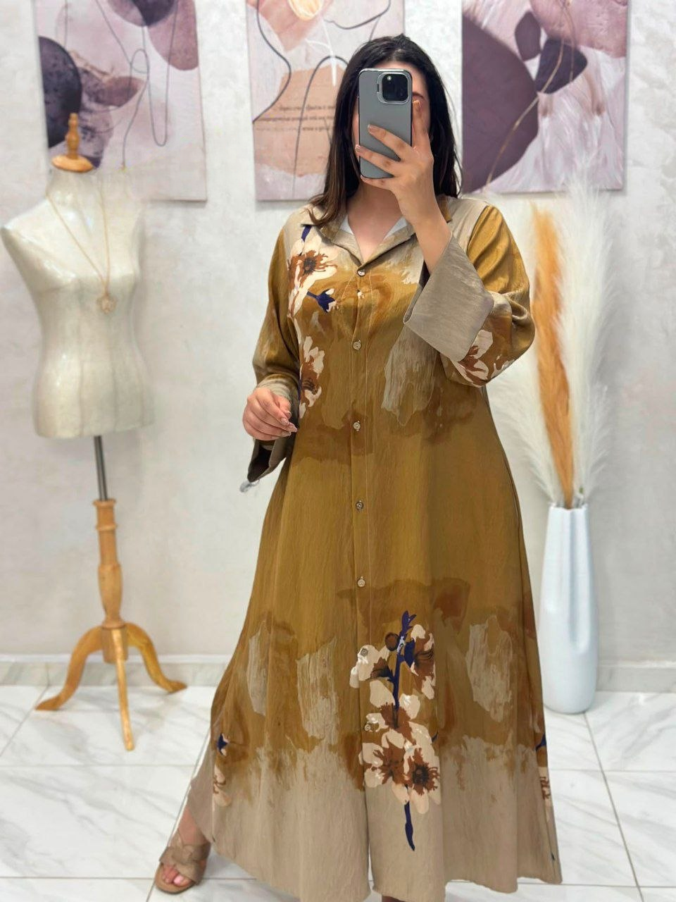 Robe chemise en fil de lin plissé imprimé