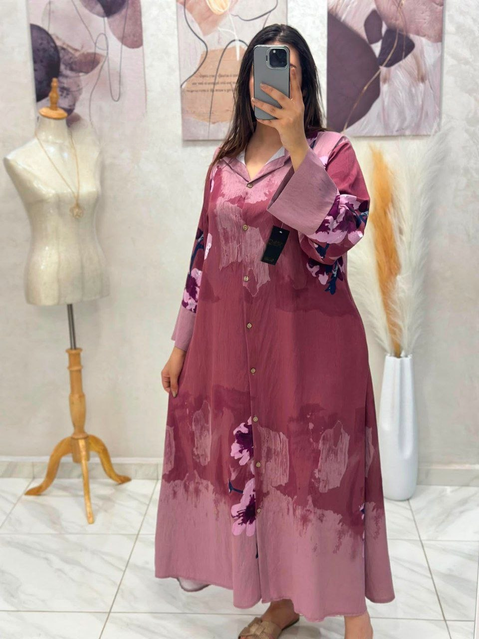 Robe chemise en fil de lin plissé imprimé