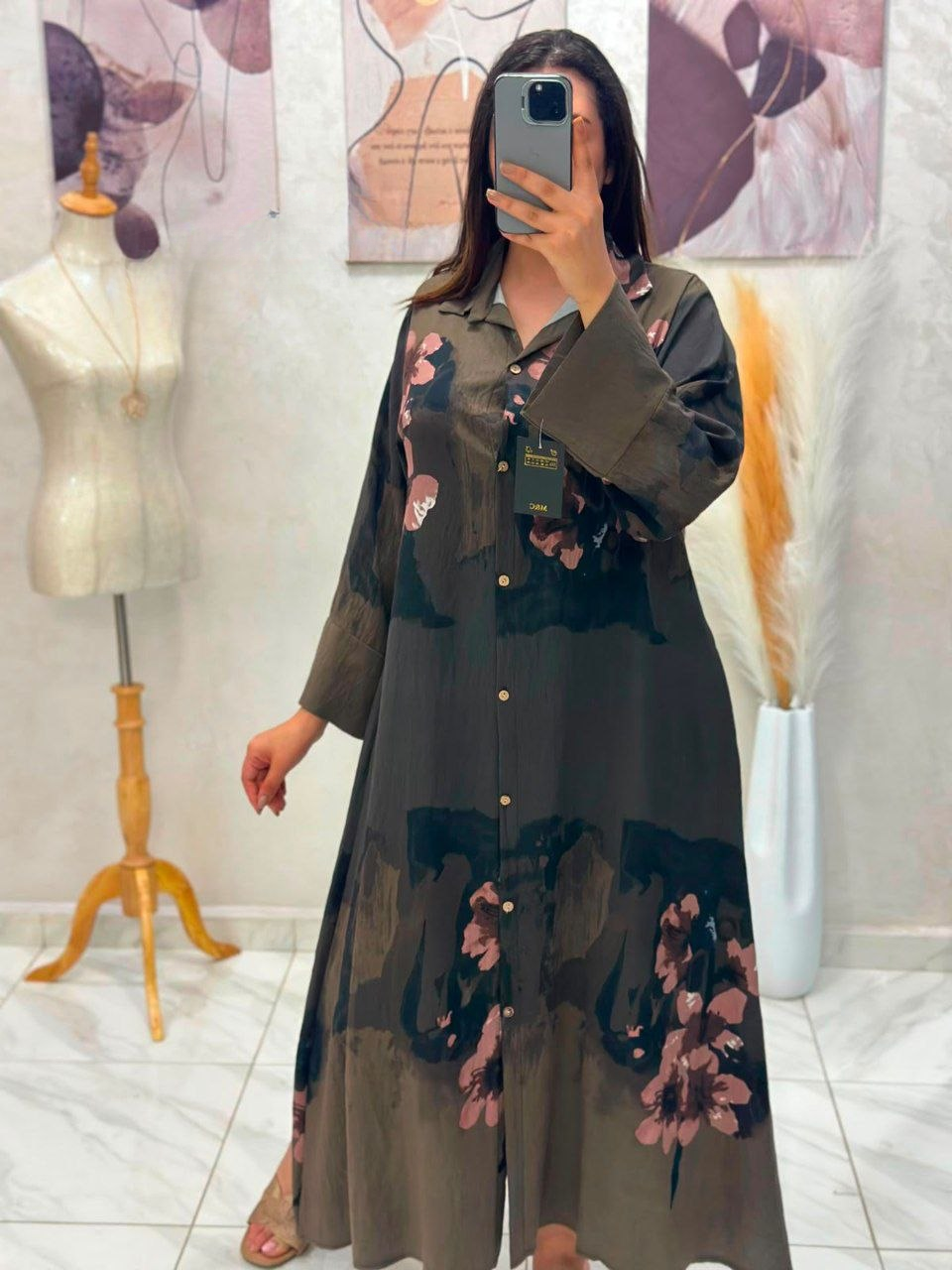 Robe chemise en fil de lin plissé imprimé