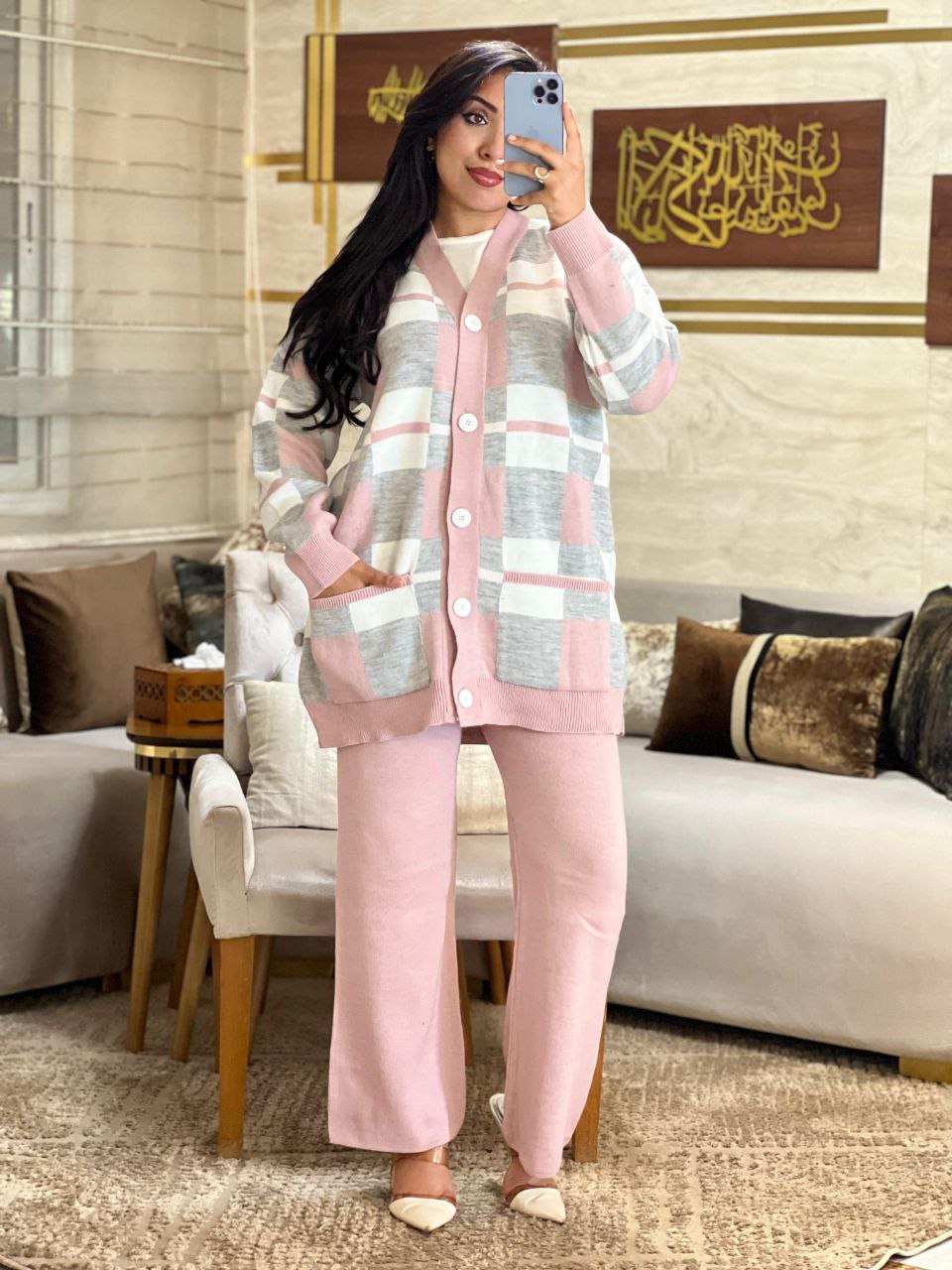 Ensemble Pantalon et cardigan en laine maillée