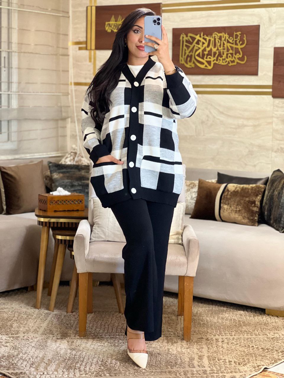 Ensemble Pantalon et cardigan en laine maillée