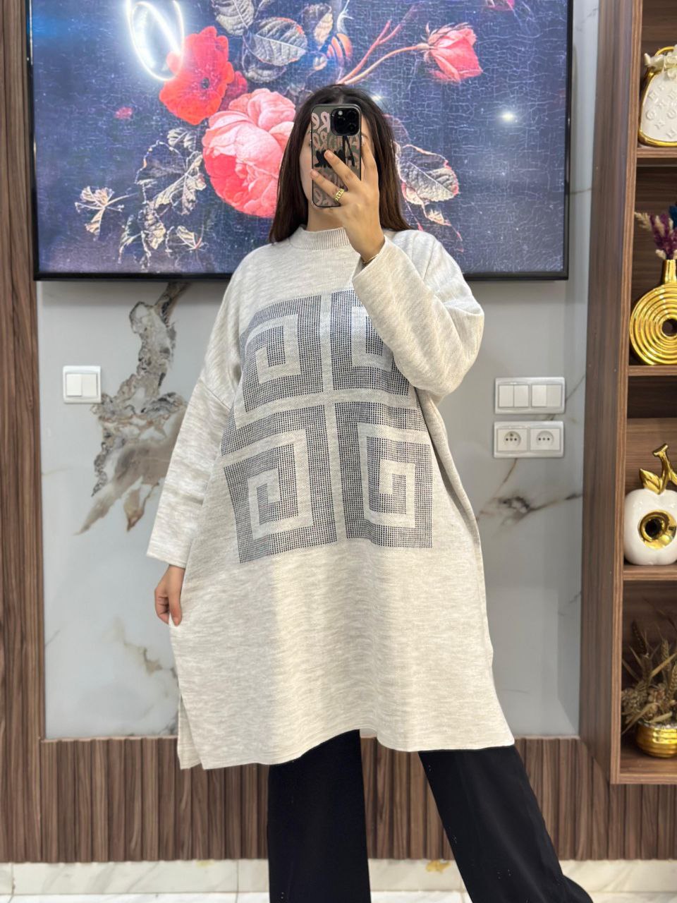 Pull long en laine à motifs