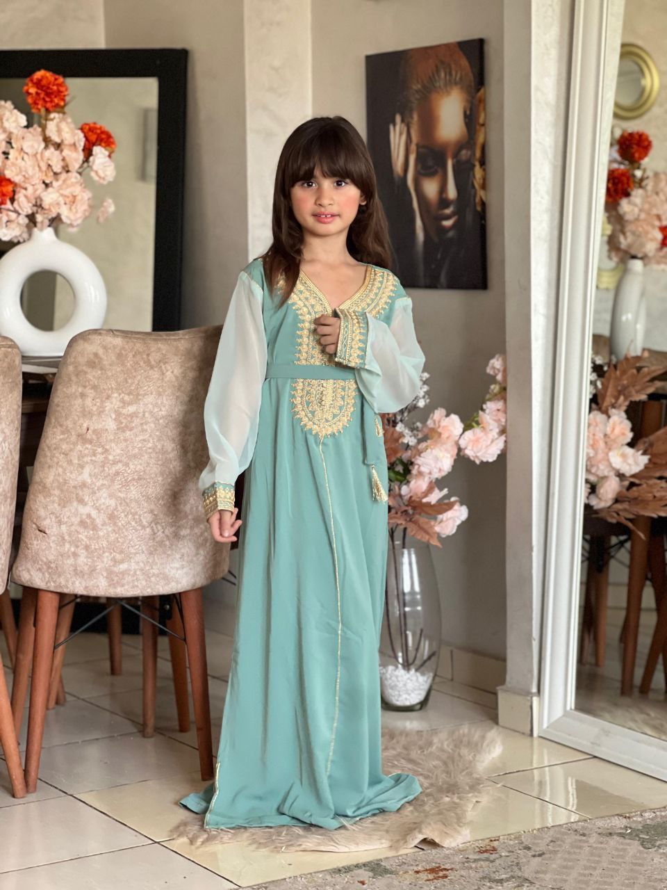 Caftan traditionnel pour filles de 4 à 16 ans brodé